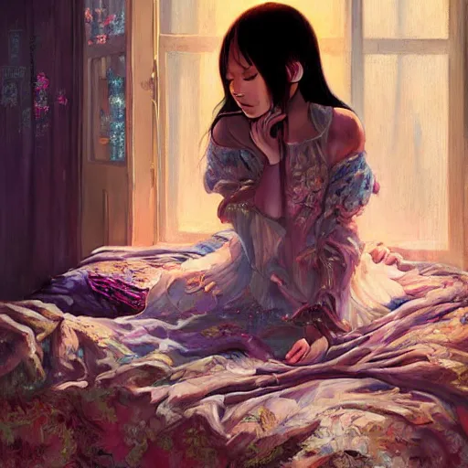 Image similar to beautiful young girl in intricate clothing by ross tran, sleeping in a messy bedroom designed by joanna gaines, at sunset, painted by sana takeda, reflections, very high intricate details, painting by liu xiaodong, digital anime art, medium shot, mid - shot, composition by ilya kuvshinov, lighting by greg rutkowski