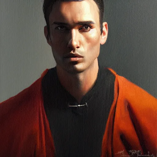 Prompt: An oil painting of a man dressed in priest robes, 30 years old, !chad jaw line!, short black hair, sharp facial features, beautiful, highly detailed, by Cédric Peyravernay, trending on artstation