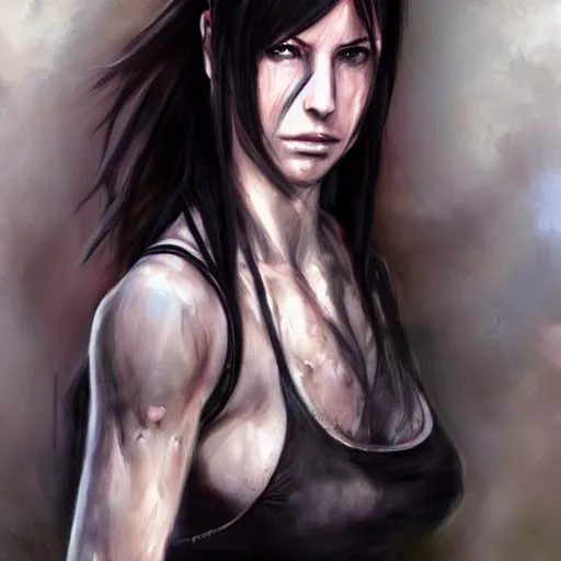 Prompt: tifa lockhart, hyper realistic, torn clothes, dirty, sweat, detailed face, in the style of emilia wilk