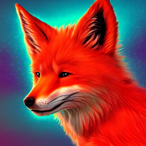 Prompt: digital red as a tomato fox, retrowave palette, digital world, highly detailed, electric breeze, anatomically correct vulpine, synth feel, fluffy face, ear floof, flowing fur, super realism, accurate animal imagery, 4 k digital art