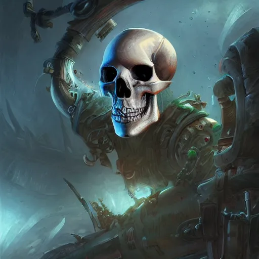 Prompt: cyborg pirate skull in the style of Marc Simonetti