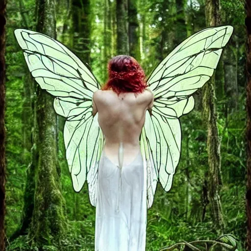 Image similar to a fairy seen from behind, with beautiful wings, in the woods, art nouveau style