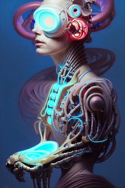 Image similar to portrait, biomechanical bioluminescent creature, cyberpunk, elegant baroque, asymmetrical art, hyperrealism, colorful, vivid, imposing, epic, digital painting, artstation, concept art, by peter mohrbacher and wlop and rhads and artgerm and magali villeneuve and alphonse mucha