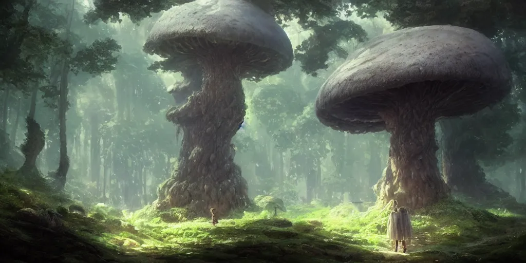 Image similar to an enormous mushroom grows in an eery cave, fantasy, magical lighting, Greg Rutkowski and Studio Ghibli and Ivan Shishkin