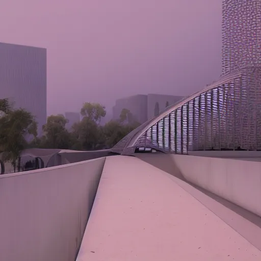 Image similar to parametric architecture, museum, concrete, facede fabric and mesh in faded pink, morning fog, blue hour, archviz, cgi, trending on artstation, corona renderer, unreal engine, ray tracing, 3 ds max, cinematic, city in the background