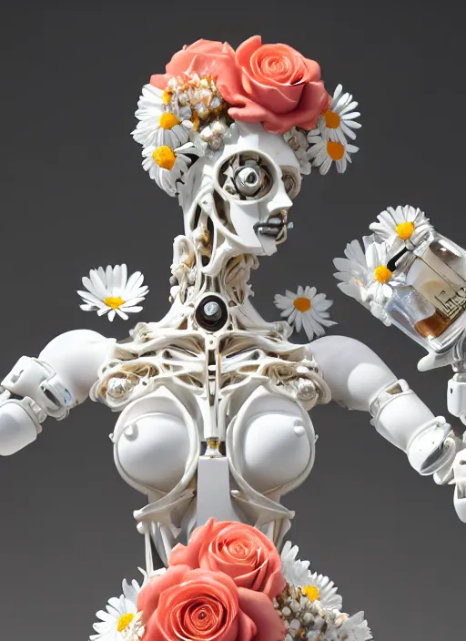 Image similar to slender biomechanical white marble statue holding perfume bottle made of corals, daisies, roses, well contoured smooth fair walls carrying perfume bottle, up close shot, sharp focus, global illumination, radiant light, alexandre ferra white mecha, irakli nadar, octane highly render, 4 k, ultra hd,