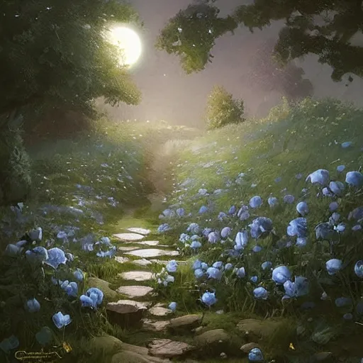 Image similar to a beautiful painting of the moon fell into the blue roses bushes, greg rutkowski style, trending on artstation, - w 1 0 2 4