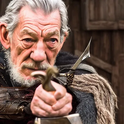 Prompt: sir ian mckellen playing odin all father from the thor movie, sir ian mckellen shooting arrows from his bow, highly detailed, cinematic shot, cinematic lighting, 8 k, exquisit facial detail