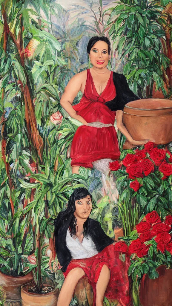 Image similar to rebekah delrio in a botanical room set near a persian pot of red roses and palm tree by narges shaeri