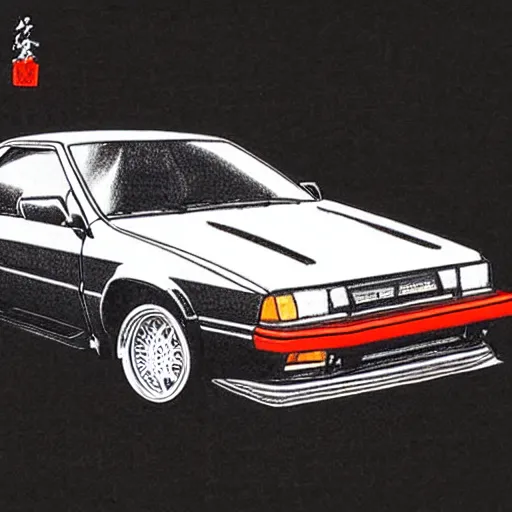 Prompt: black AE86 Trueno red glowing drawn by Shuichi Shigeno and Michiharu Kusunoki pen ink drawing