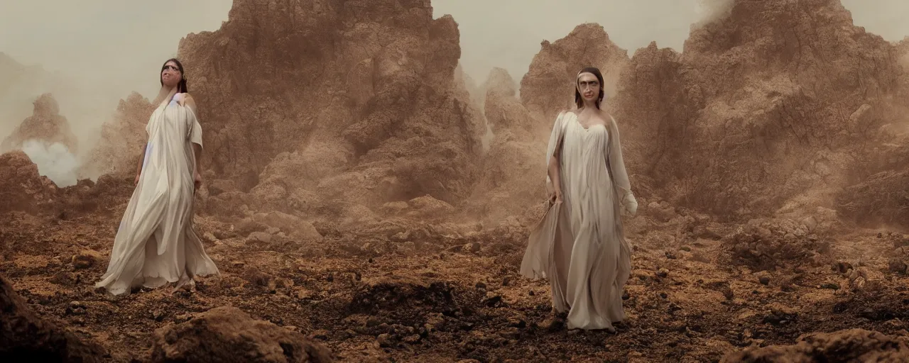 Image similar to The full body shot of beautiful pale woman with white flowers and full-face golden mask in a rocky desert landscape, a giant mirror and smoke around her, volumetric lighting, fire, multiple eyes and dry earth by Denis Villeneuve, Lubezki, Gaspar Noe and Christopher Doyle, anamorphic lens, anamorphic lens flares, kodakchrome, cinematic composition, practical effects, award winning photo, 8k