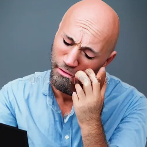 Image similar to crying sad hairless bald man crying at his computer with twitter open in the background, stock photo