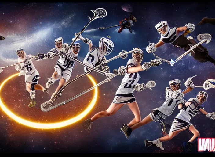 Image similar to photo of the lacrosse team, playing intergalactic championship, in space, versus chitauri, highly detailed, 8k, intricate, sony a7r iv 55mm, award winning.