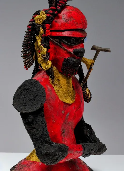 Image similar to sponge sculpture of an ancient warrior, red and black and gold theme