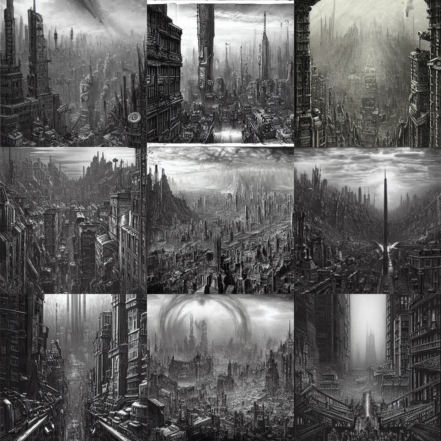 Prompt: dieselpunk city drawn by gustave dore