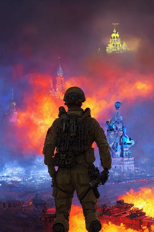 Image similar to special forces soldier with ukrainian blue and yellow patch on the foreground watching red square burn in the background, d & d, fantasy, bright atmosphere, volumetric lights, intricate, elegant, extremely detailed, digital painting, artstation, concept art, matte, smooth, sharp focus, hyper realistic, illustration, art by artgerm and greg rutkowski and alphonse mucha