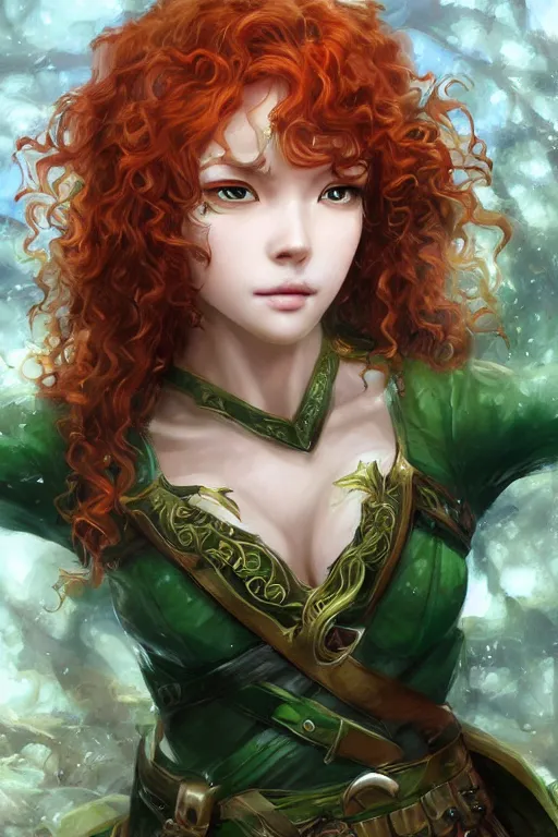 Image similar to A realistic anime portrait of long curly haired redhead female ranger wearing an intricate fantasy ranger outfit, asian facial features, green eyes, digital painting, by Stanley Artgerm Lau, Sakimichan, WLOP and Rossdraws, digtial painting, trending on ArtStation, SFW version