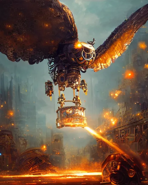 Image similar to oil painting of Gigantic Steampunk Owl Robot destroying city, sharp focus, exploding golden steampunk city background, full body, heroic pose, fantasy style, octane render, volumetric lighting, 8k high definition, by greg rutkowski, highly detailed, trending on art Station, magic the gathering artwork, centered, dramatic artwork, combat scene