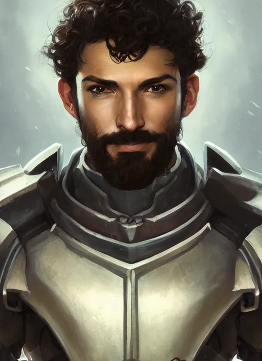 Image similar to medium-length portrait of a male paladin with short curly hair and a dark beard, dark brown skin, happy expression, wears a suit of power armor, gundam, medieval setting, highly detailed, digital painting, artstation, concept art, sharp focus, illustration, art by greg rutkowski and alphonse mucha