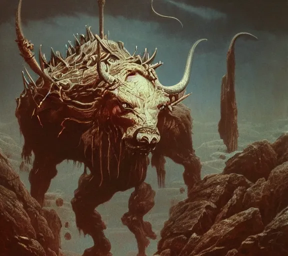 Prompt: minotaur beksinski, wayne barlowe, adrian smith fantasy art, the hobbit art, lord of the ring art, the witcher concept art, trending on artstation, game of throne art