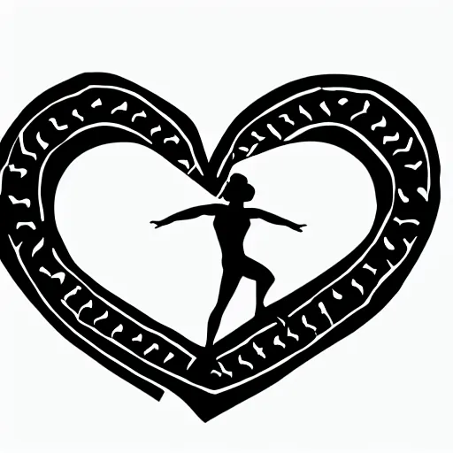 Image similar to clean black and white print on white paper, high contrast, logo of a symmetric heart with a stylized gymnast human dancer human silhouette inside