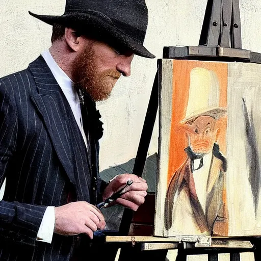 Prompt: mcgregor is dressed as a gentleman at early 2 0 th century paris. he is watching an easel. that easel has a canvas on it. ewan mcgregor has a brush on his hand. he is painting a painting. we can see his back. no background.