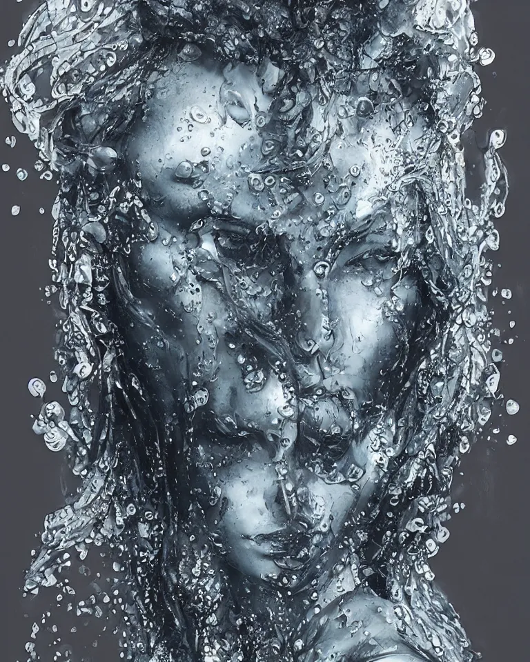 Image similar to sculpture made of water, portrait, female, future, shaman, harper's bazaar, vogue, magazine, insanely detailed and intricate, concept art, close up, wet, ornate, luxury, elite, elegant, trending on artstation, by ruan jia, by kenneth willardt, by ross tran, by wlop, by andrei riabovitchev