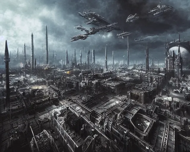 Prompt: “An aerial view of a futuristic gothic city from warhammer 40k. Cathedrals, factories, railway, heavy depth of field, clouds, haze, aircraft”
