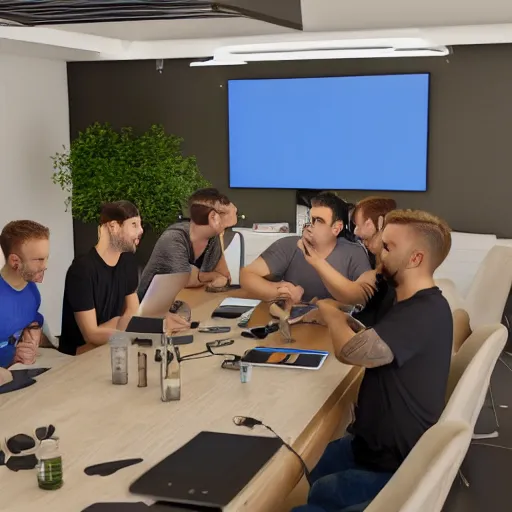 Image similar to group of european youtubers discussing how to become the biggest on the platform, octane render