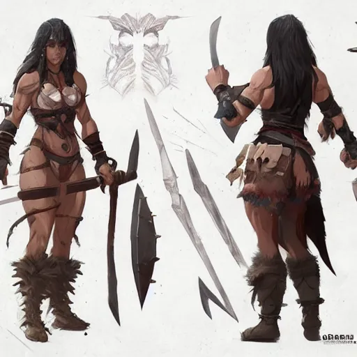 Prompt: character sheet of female barbarian warrior, muscular, chiseled, by greg rutkowski and studio ghibli, digital art, trending on artstation, highly detailed, concept art, beautiful, masterpiece