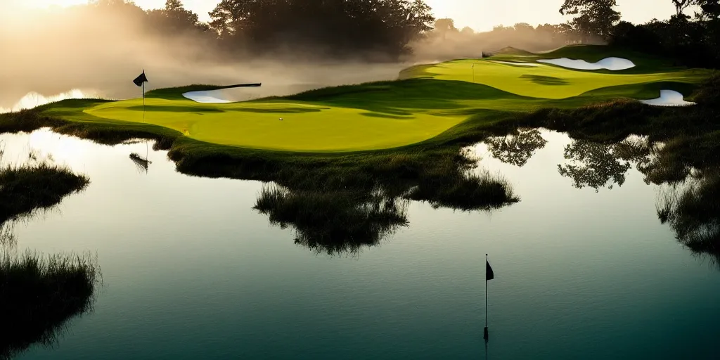 Image similar to a great photograph of the most amazing golf hole in the world, perfect light, under water, ambient light, 5 0 mm, golf digest, top 1 0 0, fog