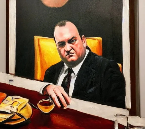 Image similar to framed portrait painting of tony soprano sitting at a mafia table