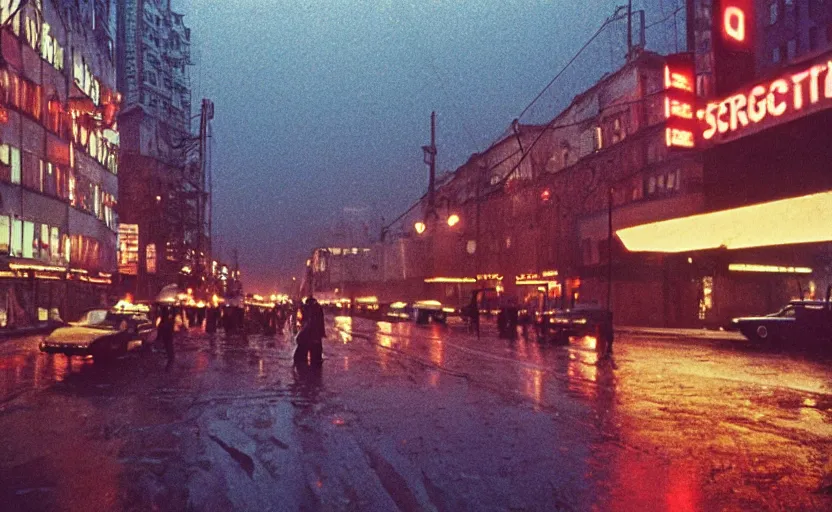 Image similar to 70s movie still of a sovietic street with pedestrians with soviet highrise in the backround , Cinestill 800t 18mm ektachrome color, heavy grainy picture, very detailed, high quality, 4k panoramic, HD criterion, dramatic lightning, neon billboards and streetlight at night, rain, mud, foggy, one giant Marx portrait on the wall, soviet flags