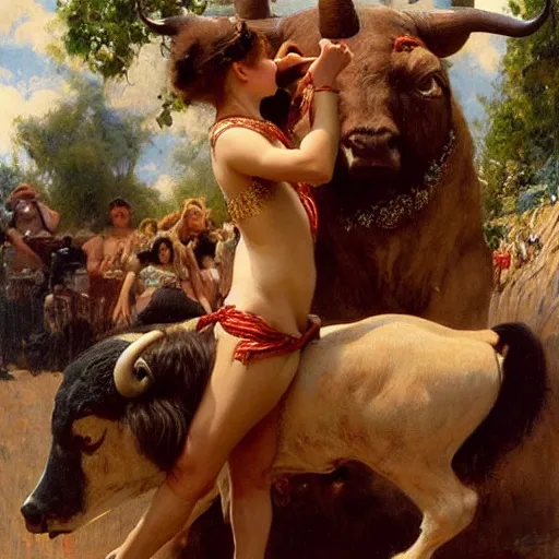 Image similar to a young girl giving the last blow to a dying bull, the girl is covered in the bull's blood, highly detailed painting by gaston bussiere and j. c. leyendecker 8 k