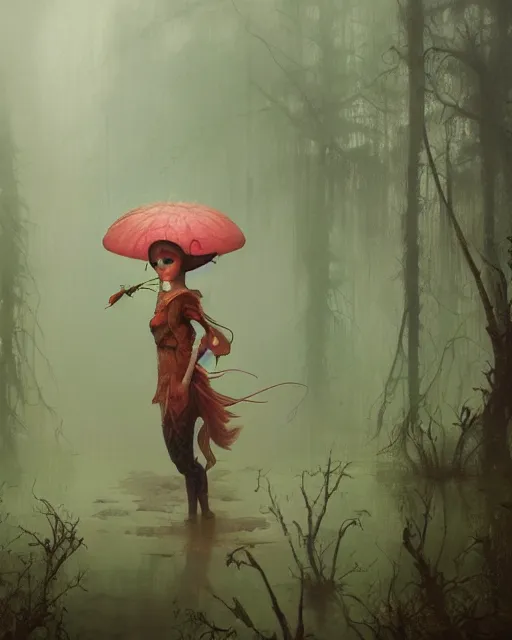 Prompt: a film still close - up shot of a pixie in a misty swamp landscape by esao andrews and peter mohrbacher. colorful, vibrant. trending on artstation