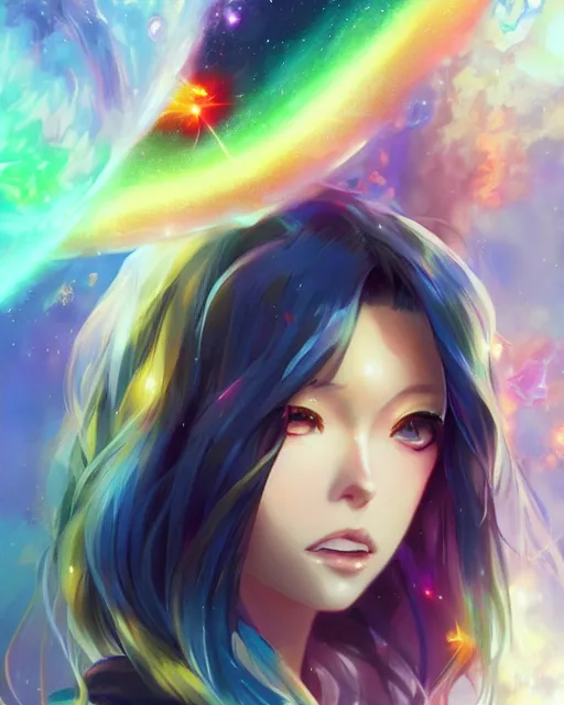 Prompt: A realistic anime portrait of a beautiful cosmic woman with glowing rainbow eyes and cosmic skin wearing clothes made of universes, digital painting, by Stanley Artgerm Lau, Sakimichan, WLOP , Makoto Shinkai and Rossdraws, digital painting, trending on ArtStation, SFW version