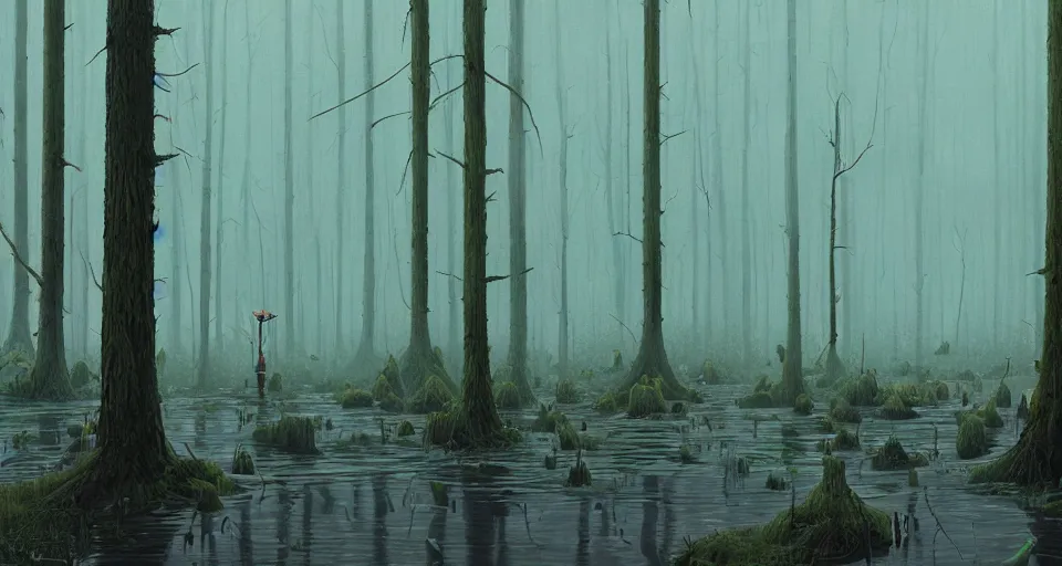 Image similar to A fantastic forest with a swamp, by simon stalenhag