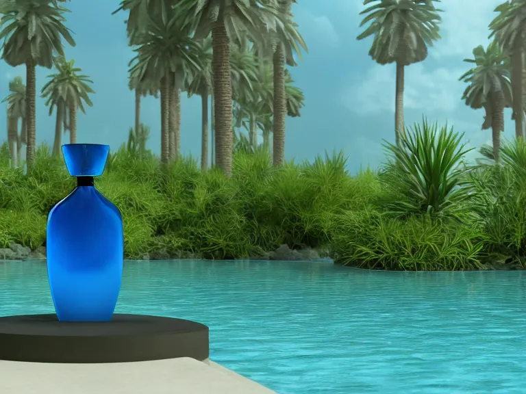 Prompt: perfume bottle standing in a desert oasis in deep blue pond water surrounded by tropical flora by zaha hadid ; octane highly render, 4 k, ultra hd, 2 0 0 mm, mute dramatic colours, soft blur outdoor stormy sea background, volumetric lighting