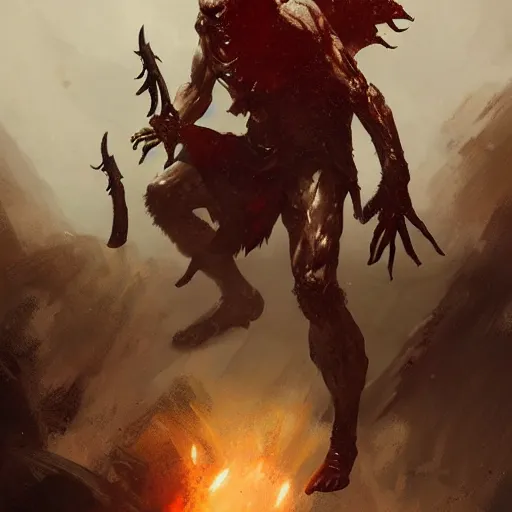 Image similar to mutant man with sword, fantasy boss, dramatic illustration, muscular character, a lot of blood, huge horns, art by greg rutkowski, digital art, artstation