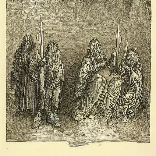 Image similar to lord of the rings, by gustave dore and albrecht durer