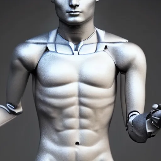 Prompt: “a realistic detailed photo of a guy who is an attractive humanoid who is half robot and half humanoid, who is a male android, Zac Efron, shiny skin, posing like a statue, blank stare”