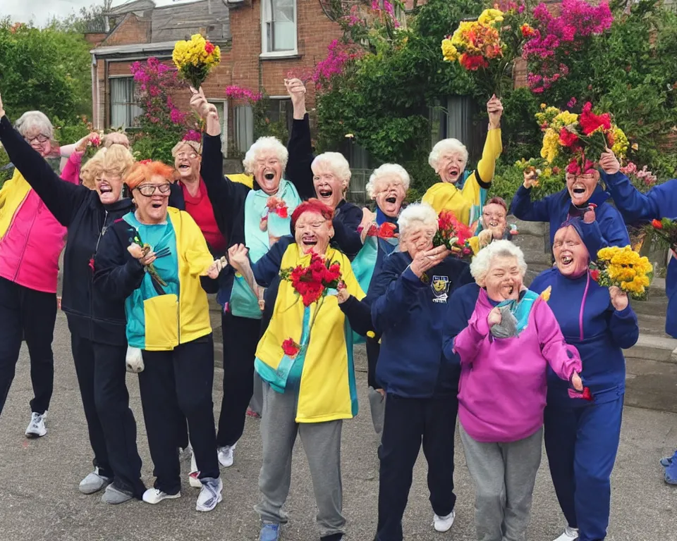 Image similar to a gang of old ladies waving flowers and large hammers, and wearing Umbro track suits laughing maniacally and screaming