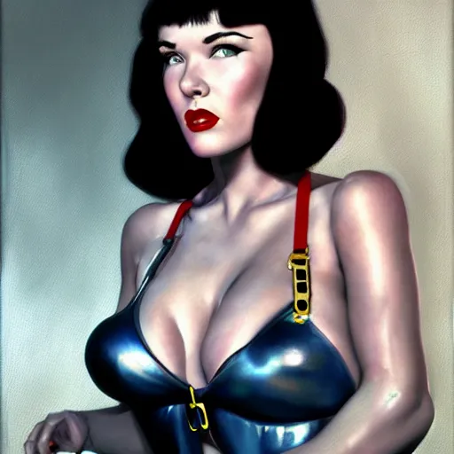 Prompt: a young bettie page as a cyberpunk cyborg fashion model portrait, seducing eyes, hyperrealism oil painting, artstation