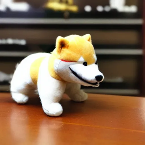 Image similar to a plush of a very evil shiba inu smoking a cigar, fluffy, soft, photo realistic, highly detailed,