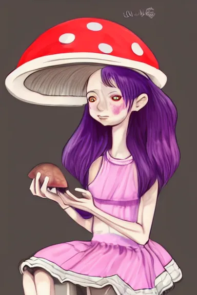 Image similar to a little girl wearing a mushroom hat in dress sitting | | purple curvy hair, pretty face, fine details, digial art by lois van baarle, anatomically correct, perfect composition, symmetrical, fantastic, clean details, anime character, extremely detailed