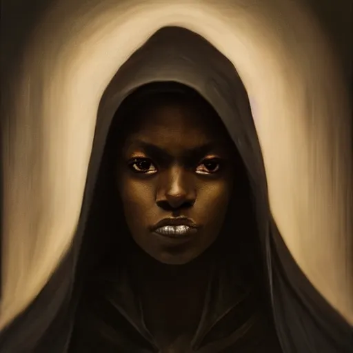 Image similar to a portrait of a young black woman wearing a long dark cloak, hood and shadows covering face, anatomically correct, beautiful perfect face, enigmatic, oil painting, matte painting, black background, Volumetric dynamic lighting, Highly Detailed, Cinematic Lighting, Unreal Engine, 8k, HD, by Beksinski