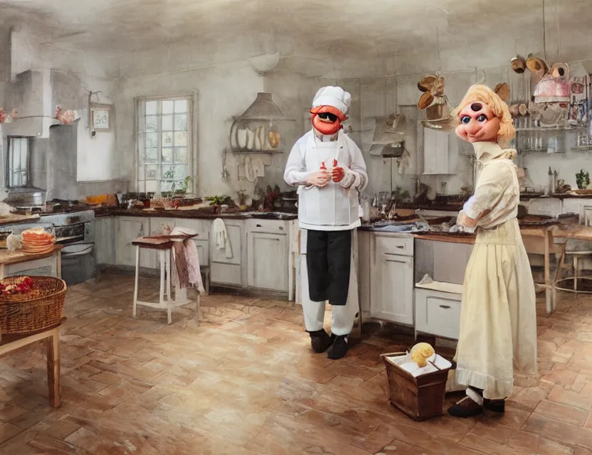 Image similar to muppet swedish chef cooking in a kitchen in country house, cottage core, cinematic focus, polaroid photo bleached vintage pastel colors high - key lighting, soft lights, foggy, by steve hanks, by lisa yuskavage, by serov valentin, by tarkovsky, 8 k render, detailed, oil on canvas