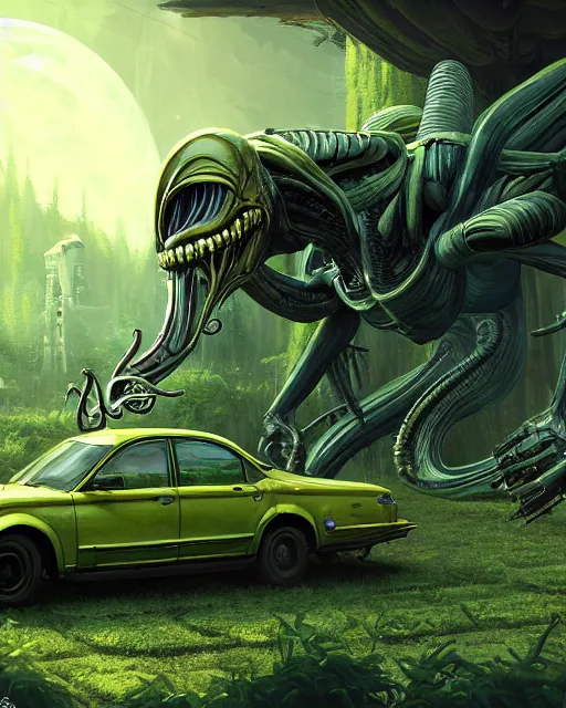 Image similar to xenomorph taxi car in a fantasy village, calming, uplifting mood, ultra realistic, farm, small buildings, highly detailed, atmosphere, masterpiece, epic lighting, elves, green plants, magic, illuminated, 4 k, cinematic, morning sun, art by eddie mendoza and sylvain sarrailh and jonathan berube