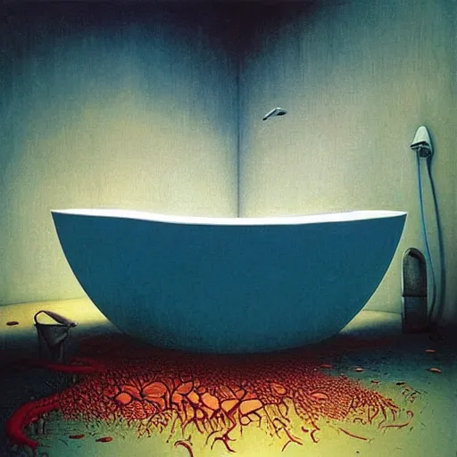 Image similar to a bathtub filled with liquid soup, art by beeple and beksinski