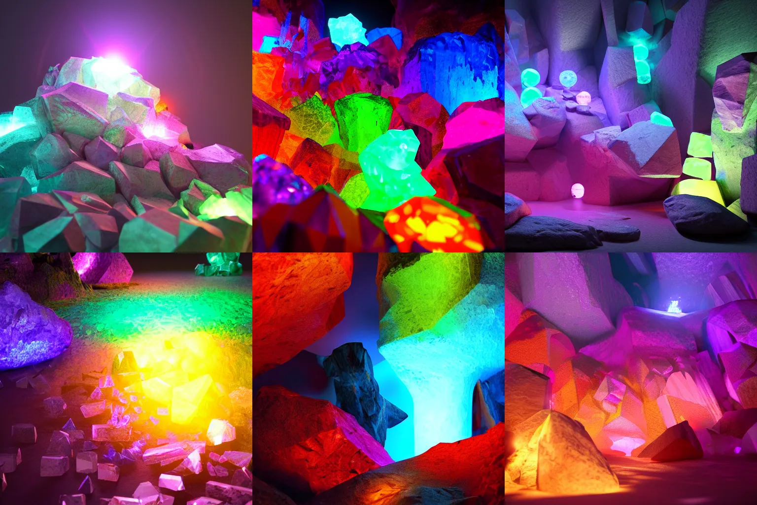 Prompt: Colorful crystals glowing in a dark cave, Octane Render, trending on ArtStation